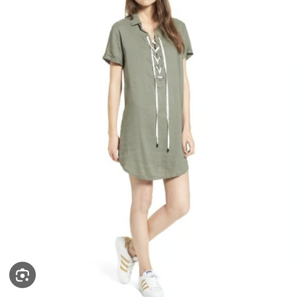 Rails Rocky Olive Lace-Up Sage Green Linen Blend Short Sleeve Shirt Dress Sz M